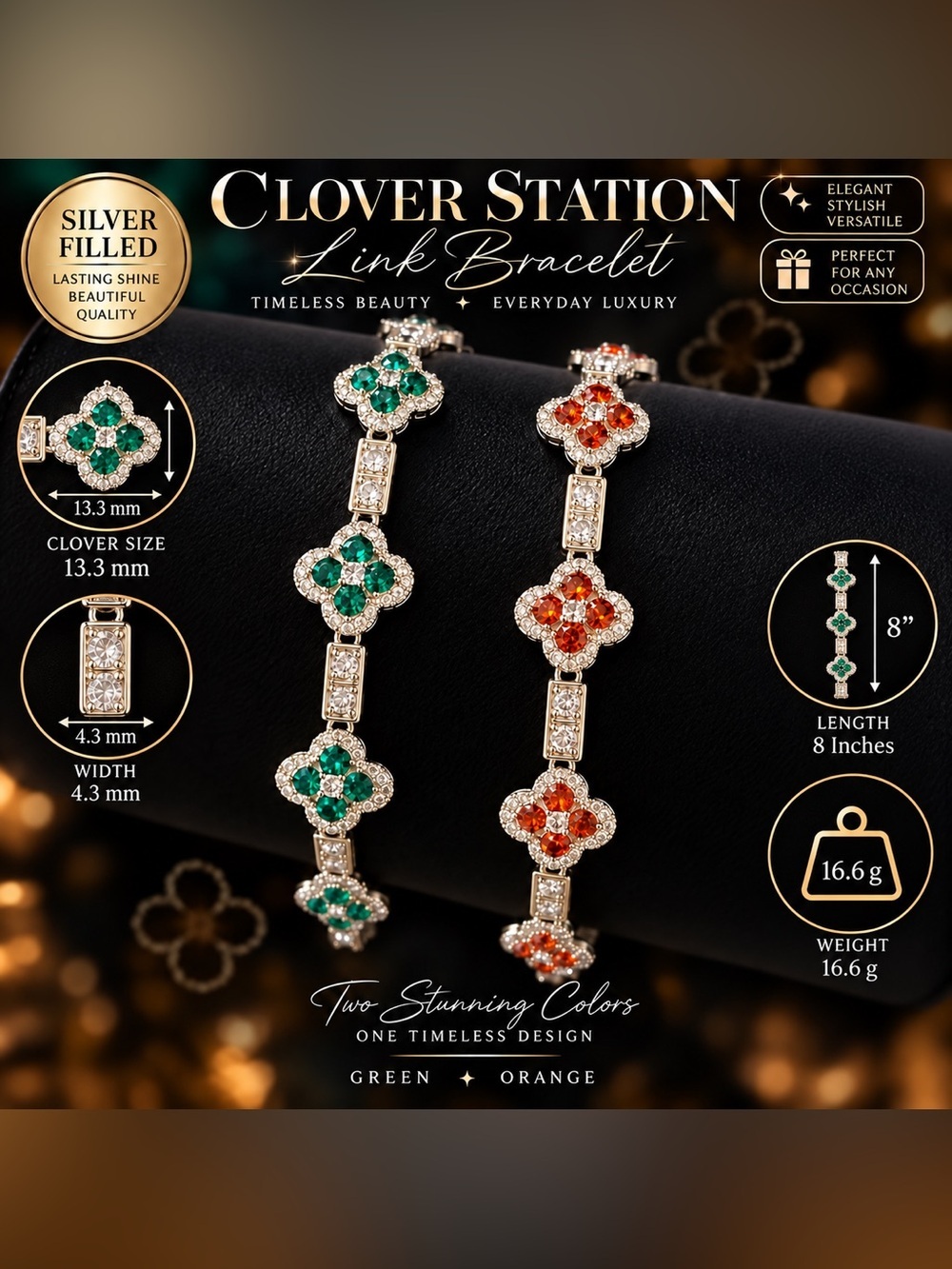 2 4.3mm Silver Tone Clover Station Link Bracelets 8in. - Picture 3 of 17